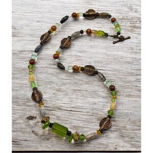 Earth Tone Beaded Necklace with Copper Spiral Accents Faux Stone Boho Nature